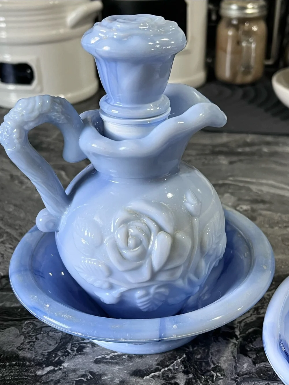 Vintage Avon 1978/1979 Blue Slag Glass Vanity Set 3-Pc Mint